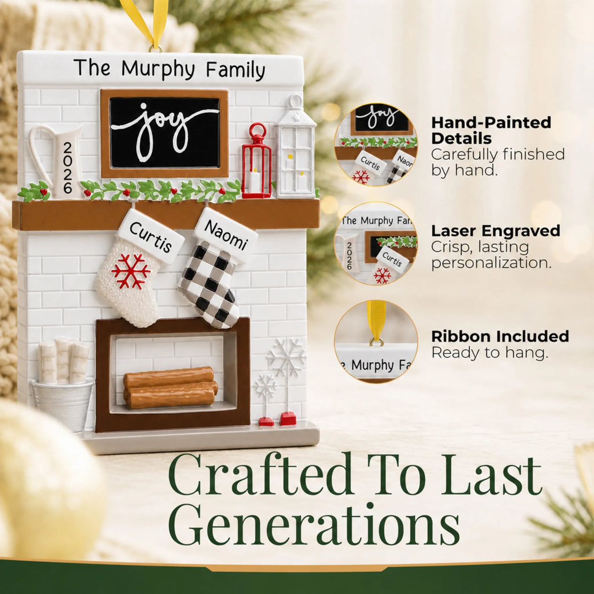 Hand-painted, laser engraved fireplace stockings family of 2 christmas ornament, ribbon included
