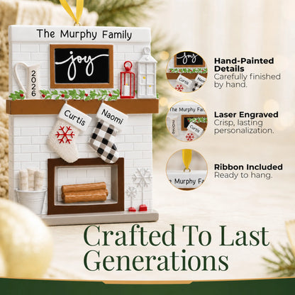 Hand-painted, laser engraved fireplace stockings family of 2 christmas ornament, ribbon included