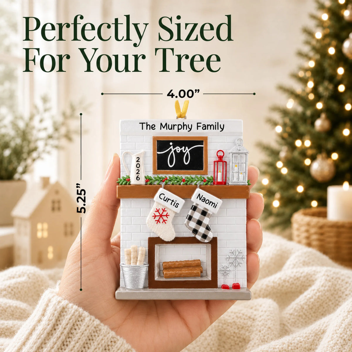 Size guide: the personalized fireplace stockings family of 2 christmas ornament shown in hand next to a Christmas tree