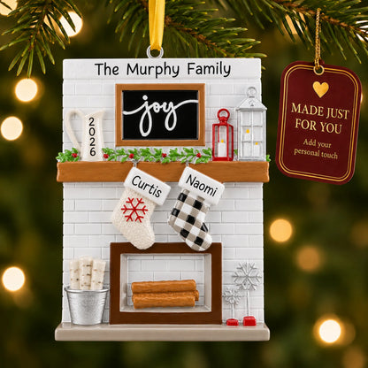 Fireplace stockings family of 2 christmas ornament hanging on a lit Christmas tree with a Made Just For You gift tag