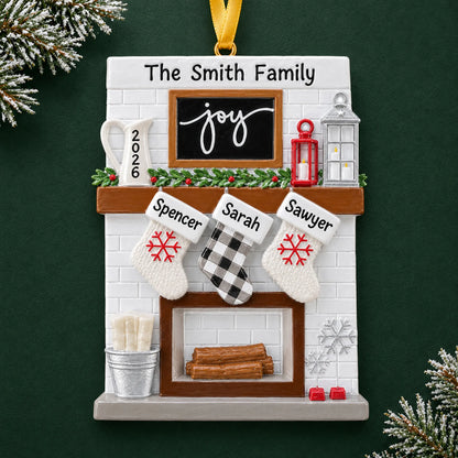 Personalized fireplace stockings family of 3 christmas ornament on a dark green pine background