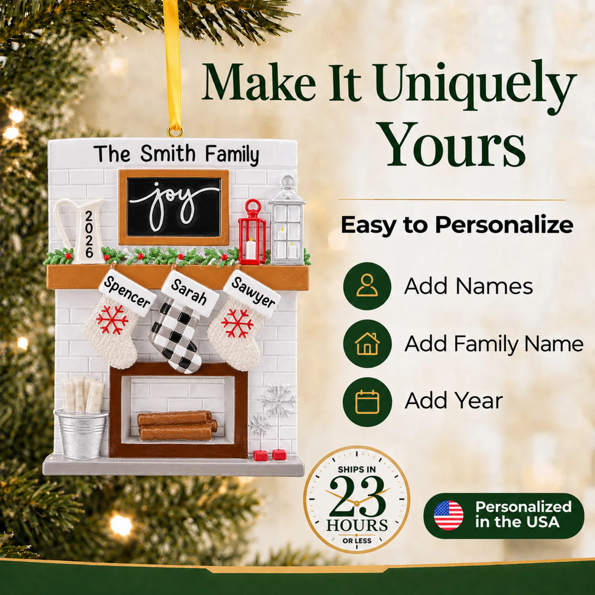 Make it yours: add names and year to the personalized fireplace stockings family of 3 christmas ornament