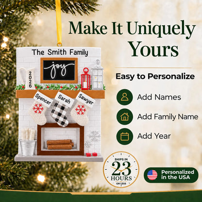 Make it yours: add names and year to the personalized fireplace stockings family of 3 christmas ornament