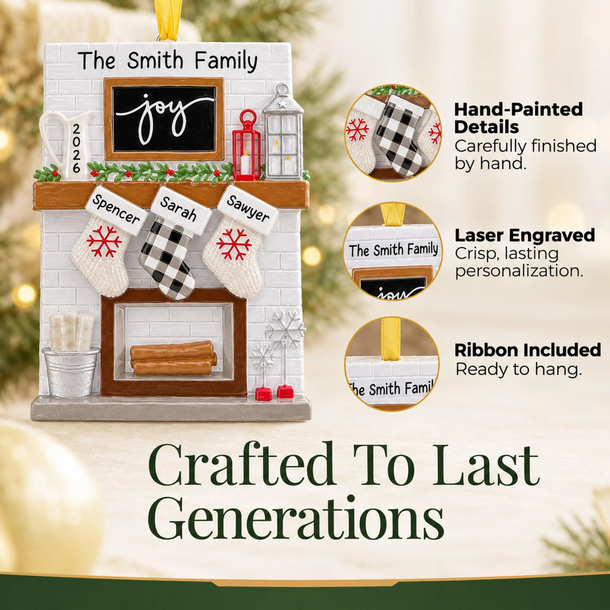 Hand-painted, laser engraved fireplace stockings family of 3 christmas ornament, ribbon included
