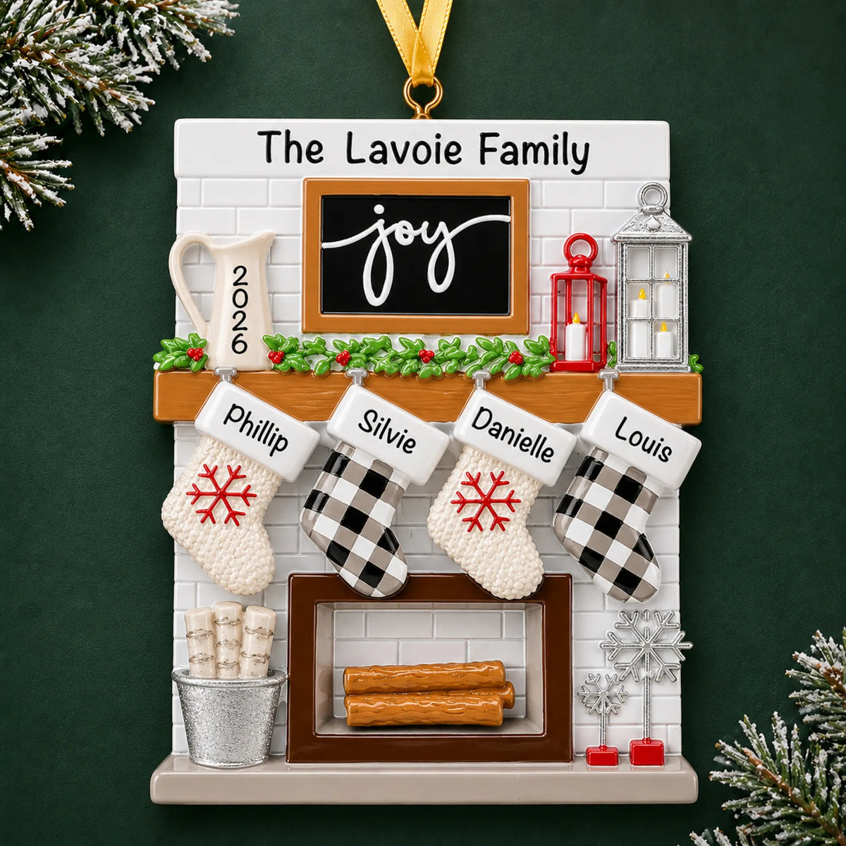 Personalized fireplace stockings family of 4 christmas ornament on a dark green pine background