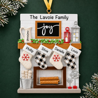 Personalized fireplace stockings family of 4 christmas ornament on a dark green pine background