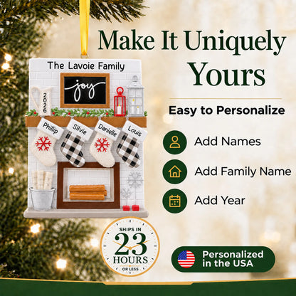 Make it yours: add names and year to the personalized fireplace stockings family of 4 christmas ornament