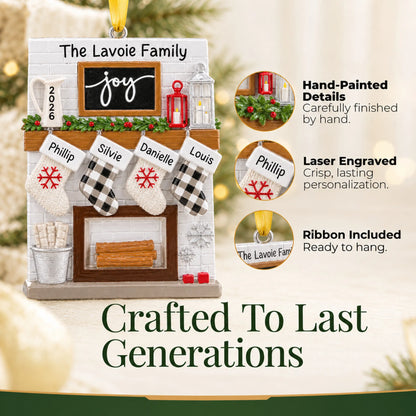 Hand-painted, laser engraved fireplace stockings family of 4 christmas ornament, ribbon included