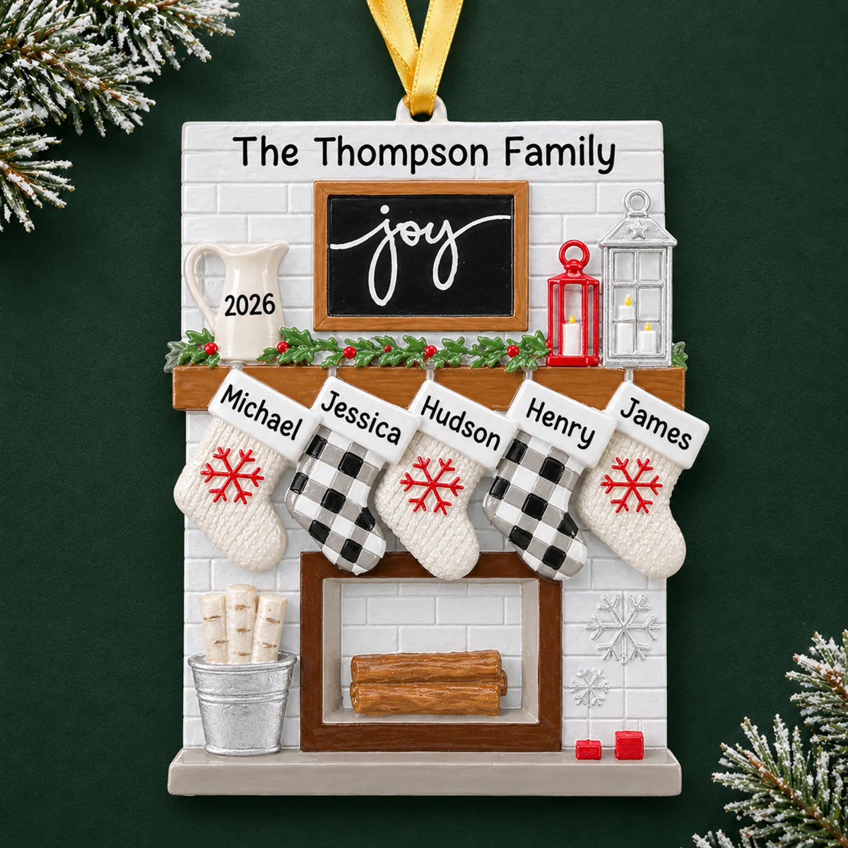 Personalized fireplace stockings family of 5 christmas ornament on a dark green pine background