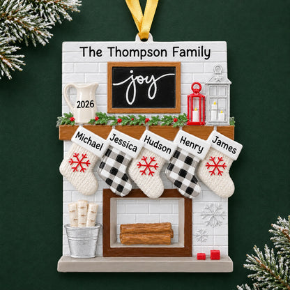 Personalized fireplace stockings family of 5 christmas ornament on a dark green pine background