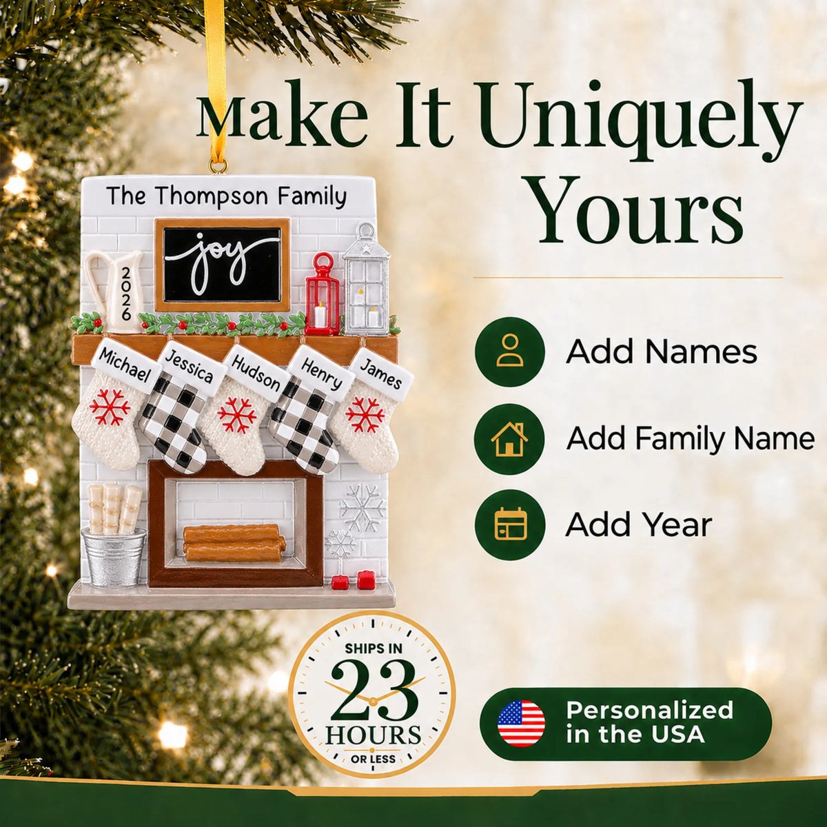 Make it yours: add names and year to the personalized fireplace stockings family of 5 christmas ornament