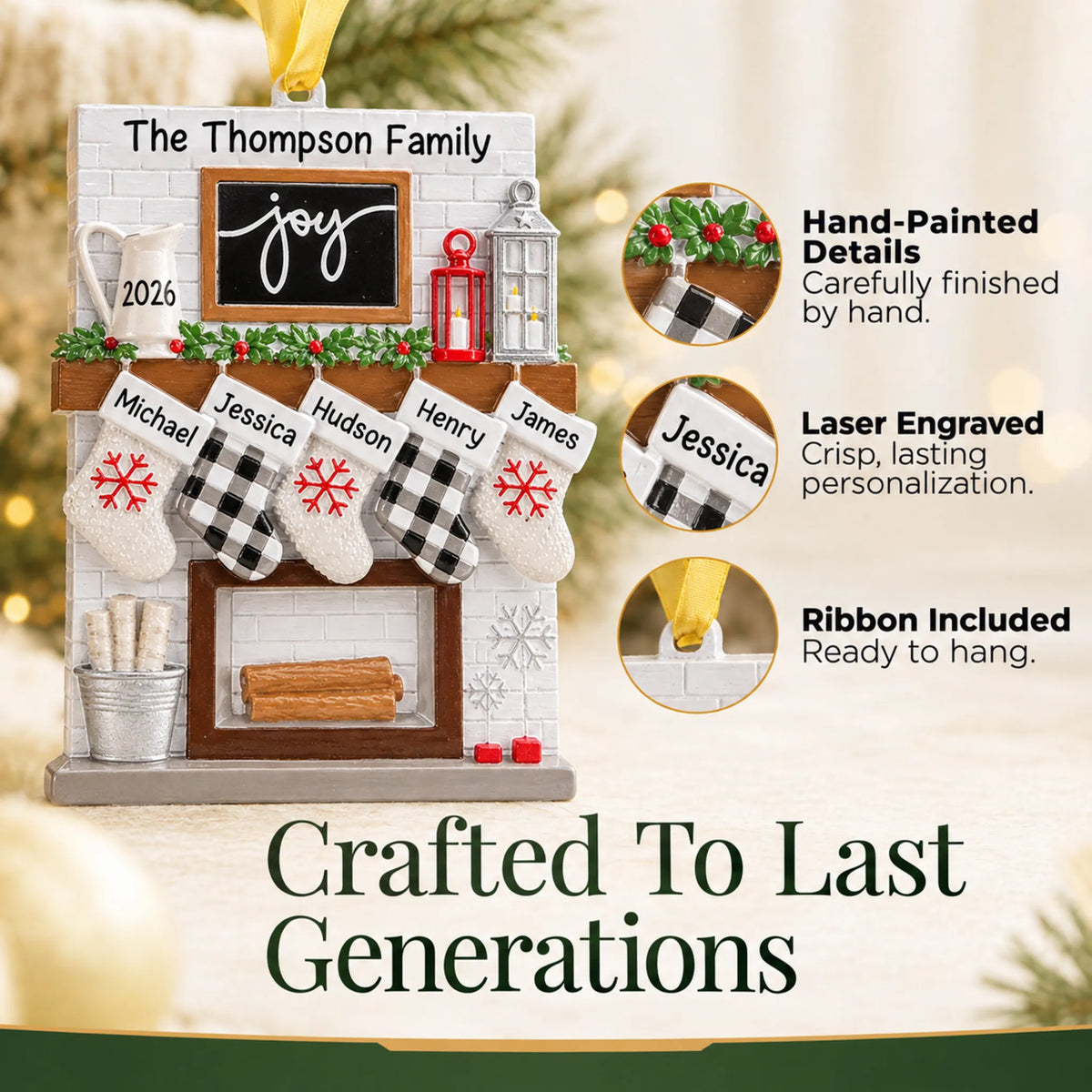 Hand-painted, laser engraved fireplace stockings family of 5 christmas ornament, ribbon included