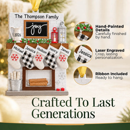 Hand-painted, laser engraved fireplace stockings family of 5 christmas ornament, ribbon included