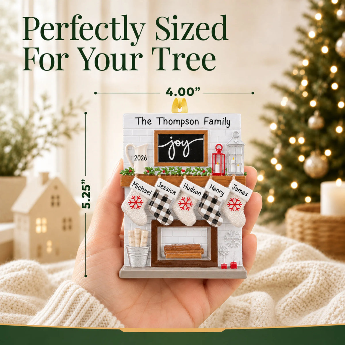 Size guide: the personalized fireplace stockings family of 5 christmas ornament shown in hand next to a Christmas tree