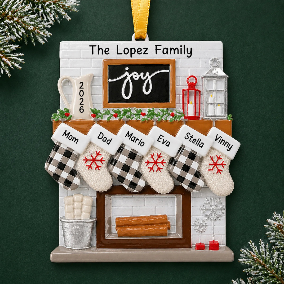 Personalized fireplace stockings family of 6 christmas ornament on a dark green pine background