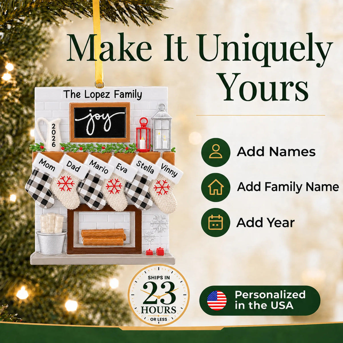 Make it yours: add names and year to the personalized fireplace stockings family of 6 christmas ornament