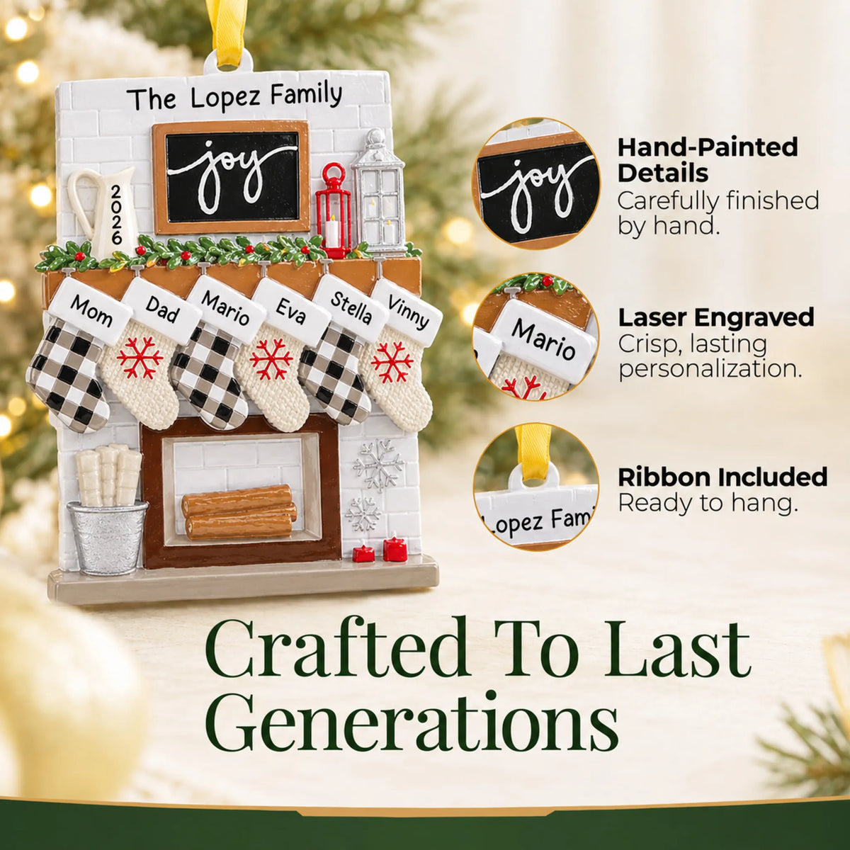 Hand-painted, laser engraved fireplace stockings family of 6 christmas ornament, ribbon included