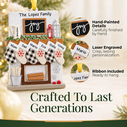 Hand-painted, laser engraved fireplace stockings family of 6 christmas ornament, ribbon included