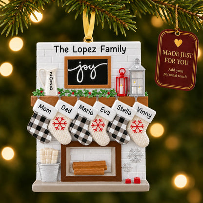 Fireplace stockings family of 6 christmas ornament hanging on a lit Christmas tree with a Made Just For You gift tag