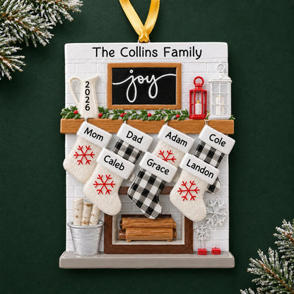 Personalized fireplace stockings family of 7 christmas ornament on a dark green pine background