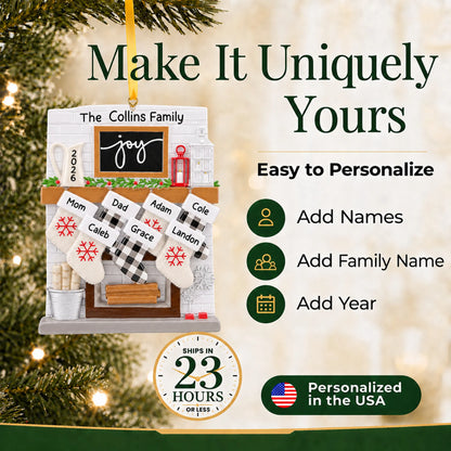 Make it yours: add names and year to the personalized fireplace stockings family of 7 christmas ornament