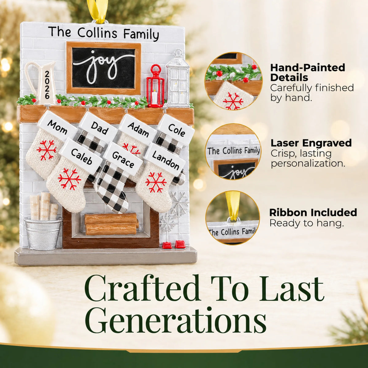 Hand-painted, laser engraved fireplace stockings family of 7 christmas ornament, ribbon included
