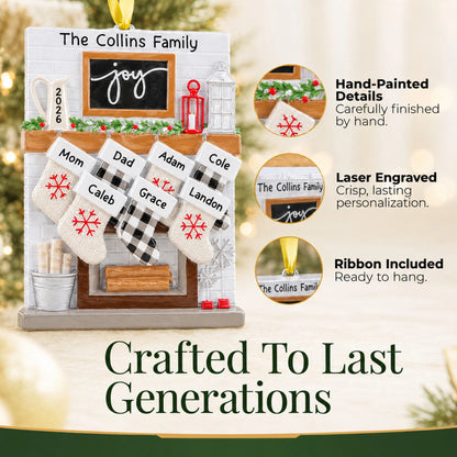 Hand-painted, laser engraved fireplace stockings family of 7 christmas ornament, ribbon included