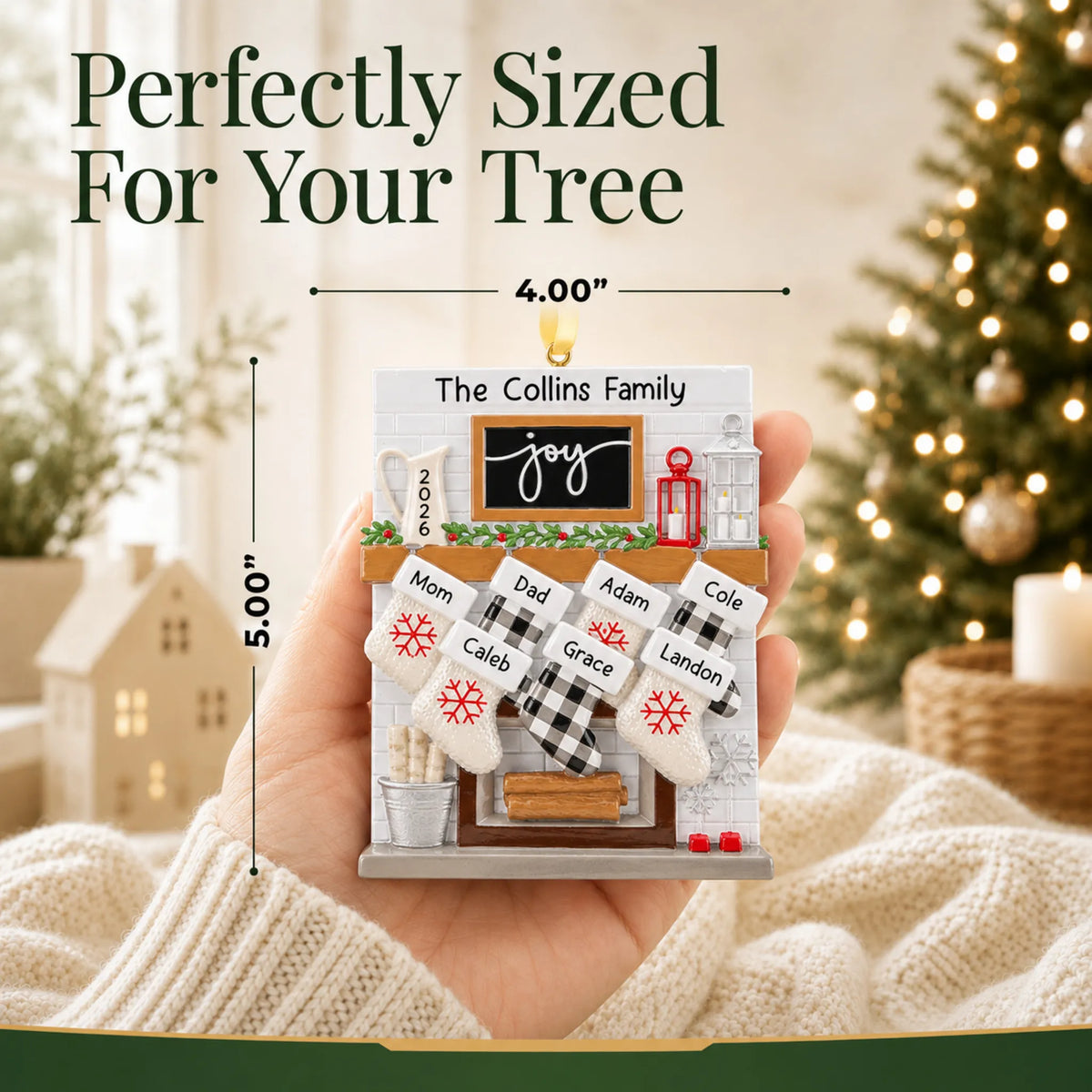 Size guide: the personalized fireplace stockings family of 7 christmas ornament shown in hand next to a Christmas tree