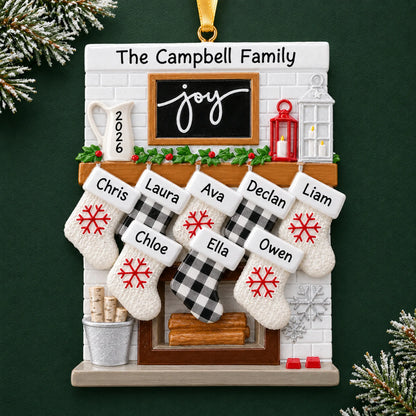 Personalized fireplace stockings family of 8 christmas ornament on a dark green pine background