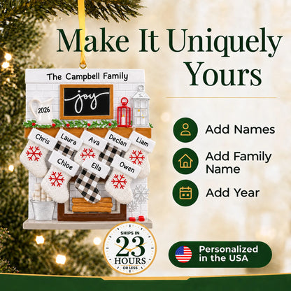 Make it yours: add names and year to the personalized fireplace stockings family of 8 christmas ornament