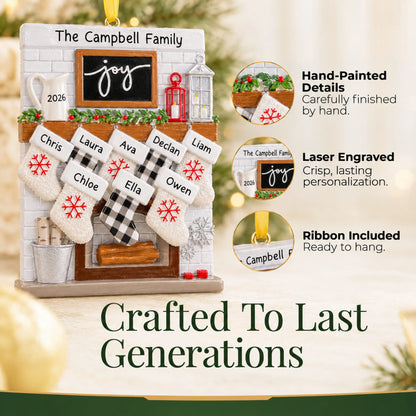 Hand-painted, laser engraved fireplace stockings family of 8 christmas ornament, ribbon included
