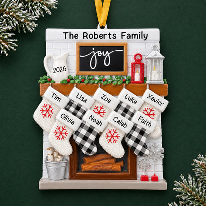 Personalized fireplace stockings family of 9 christmas ornament on a dark green pine background
