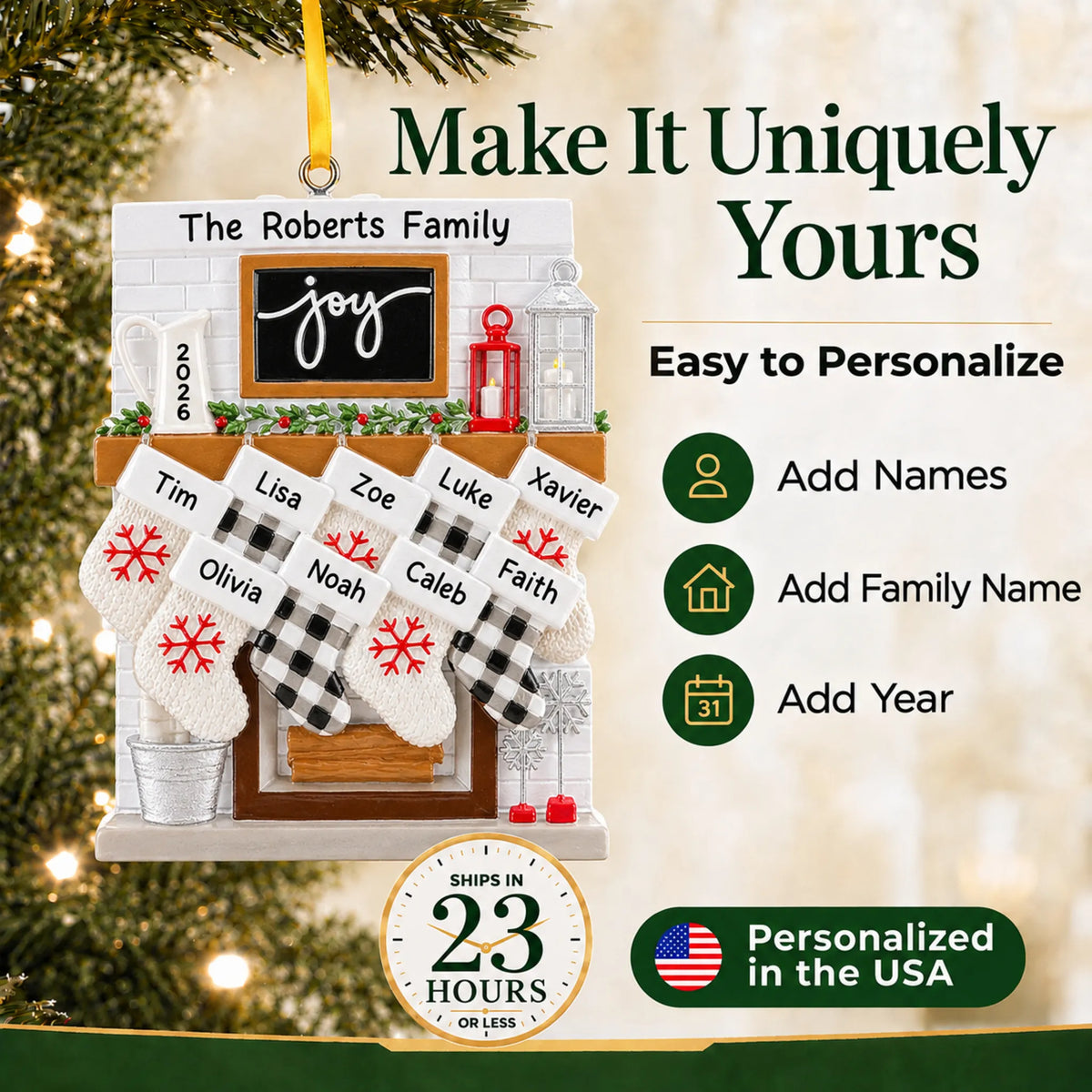 Make it yours: add names and year to the personalized fireplace stockings family of 9 christmas ornament