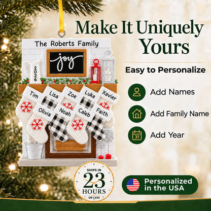 Make it yours: add names and year to the personalized fireplace stockings family of 9 christmas ornament