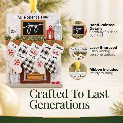 Hand-painted, laser engraved fireplace stockings family of 9 christmas ornament, ribbon included