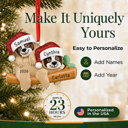 Make it yours: add names to the personalized sloth couple christmas ornament