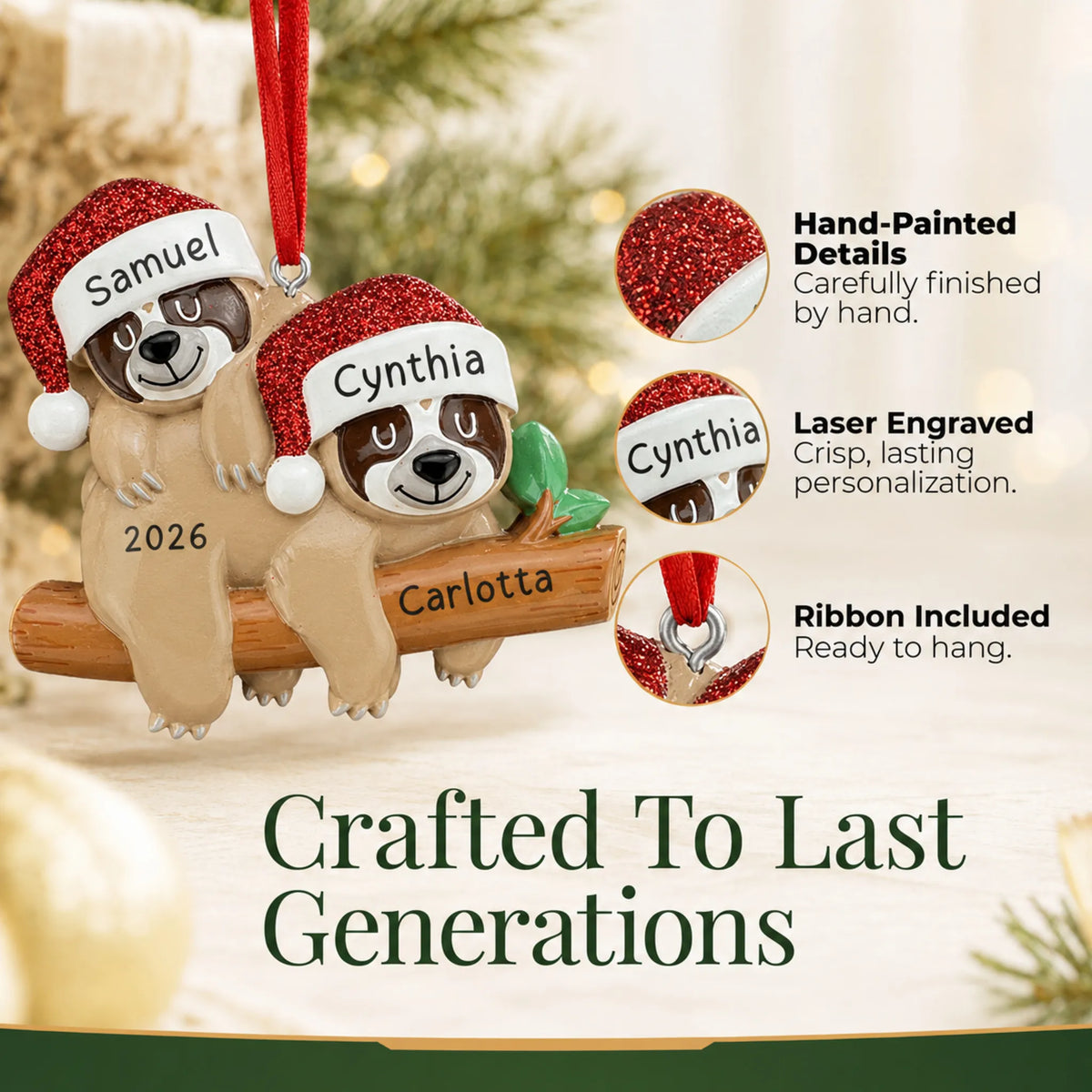 Hand-painted details and laser engraved personalization on the sloth couple christmas ornament, ribbon included