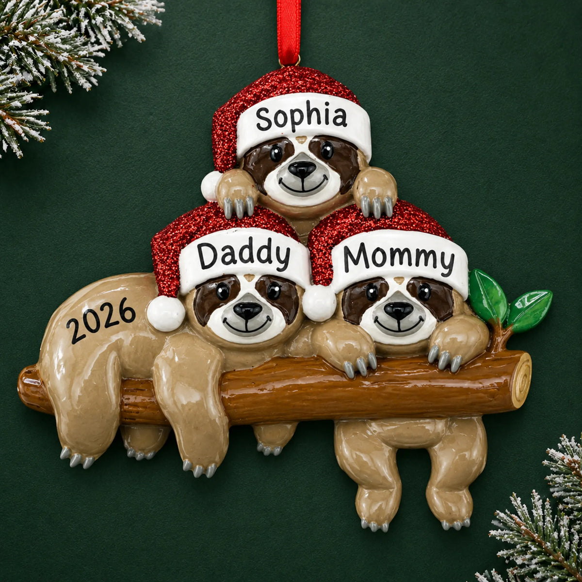 Personalized sloth family of 3 christmas ornament on a dark green pine background