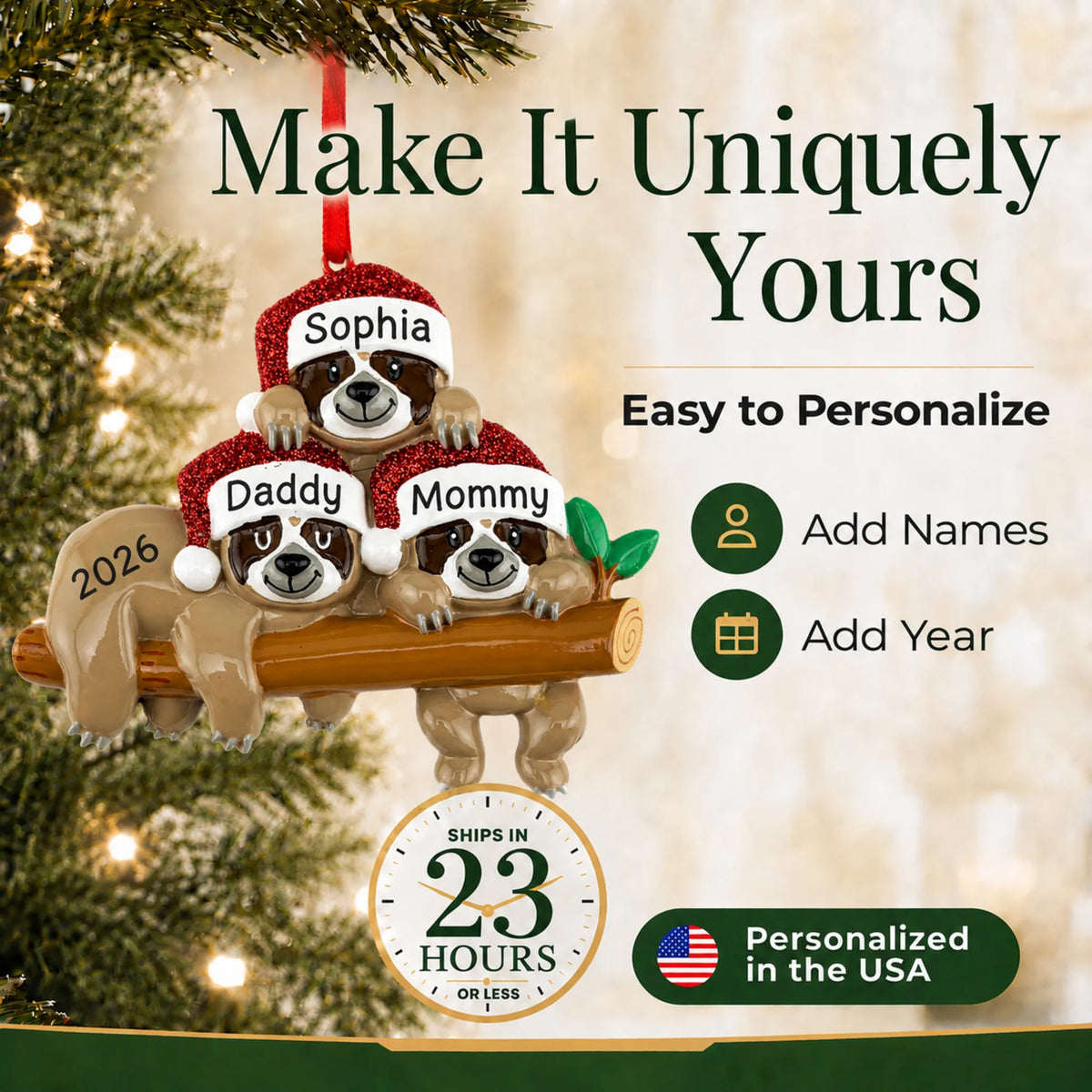 Make it yours: add names and year to the personalized sloth family of 3 christmas ornament