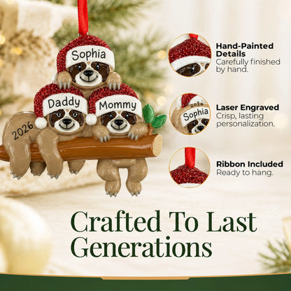 Hand-painted details and laser engraved personalization on the sloth family of 3 christmas ornament, ribbon included