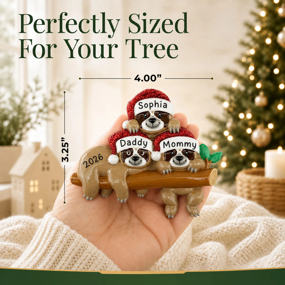 Size guide: the personalized sloth family of 3 christmas ornament is 4.00 in wide by 3.25 in tall, shown in hand