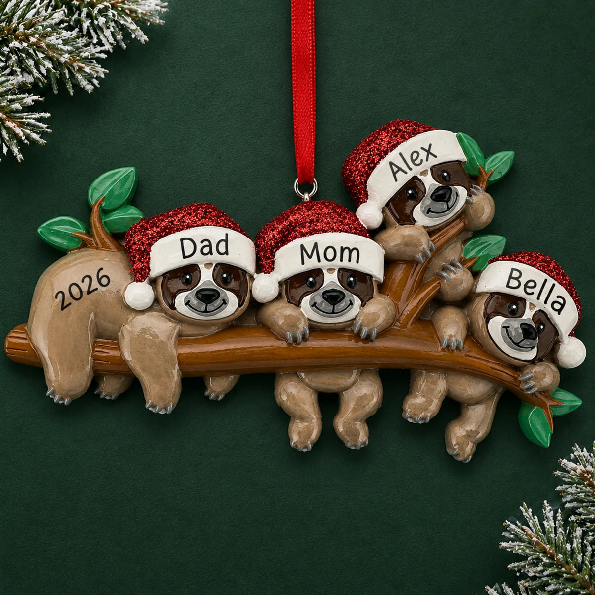 Personalized sloth family of 4 christmas ornament on a dark green pine background
