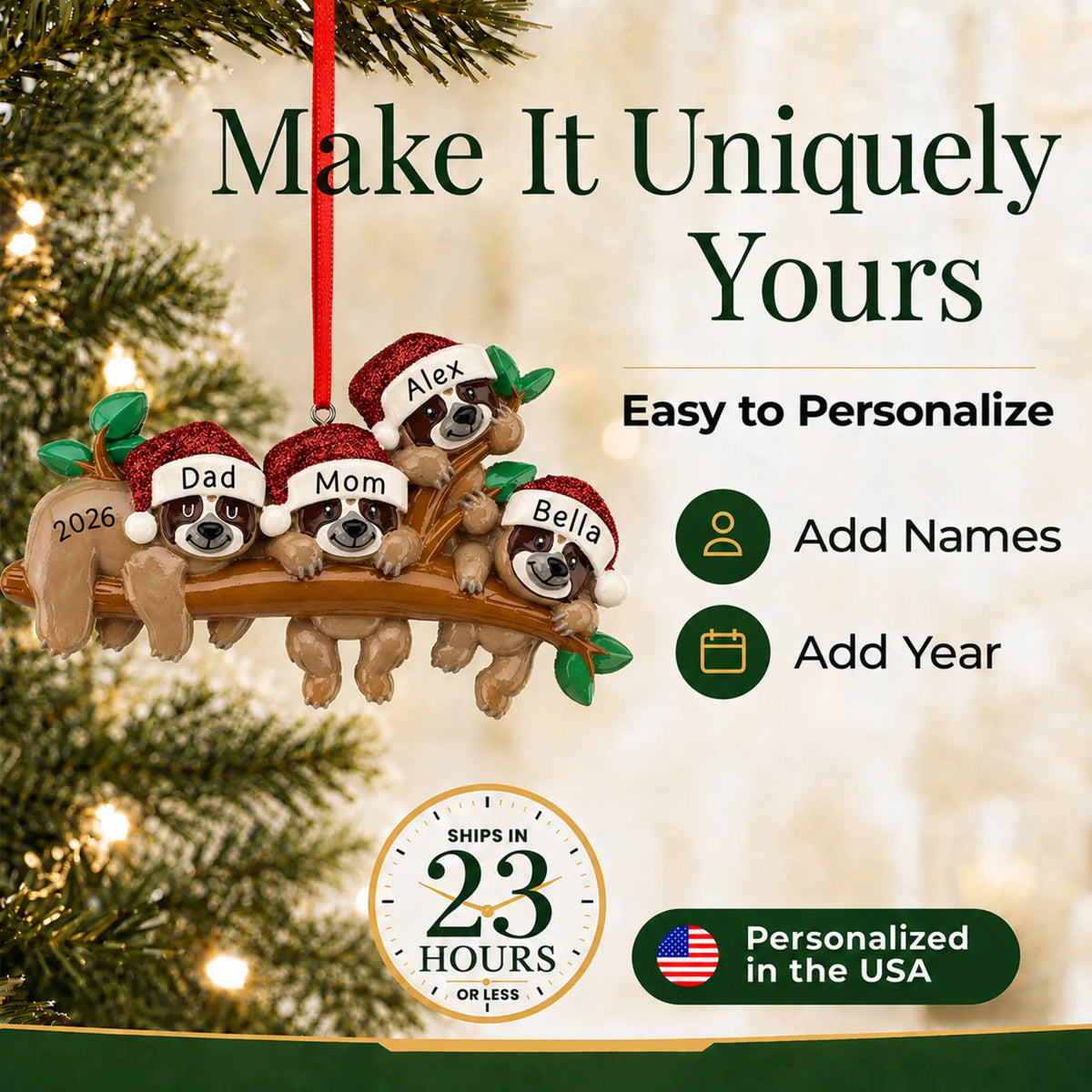 Make it yours: add names and year to the personalized sloth family of 4 christmas ornament