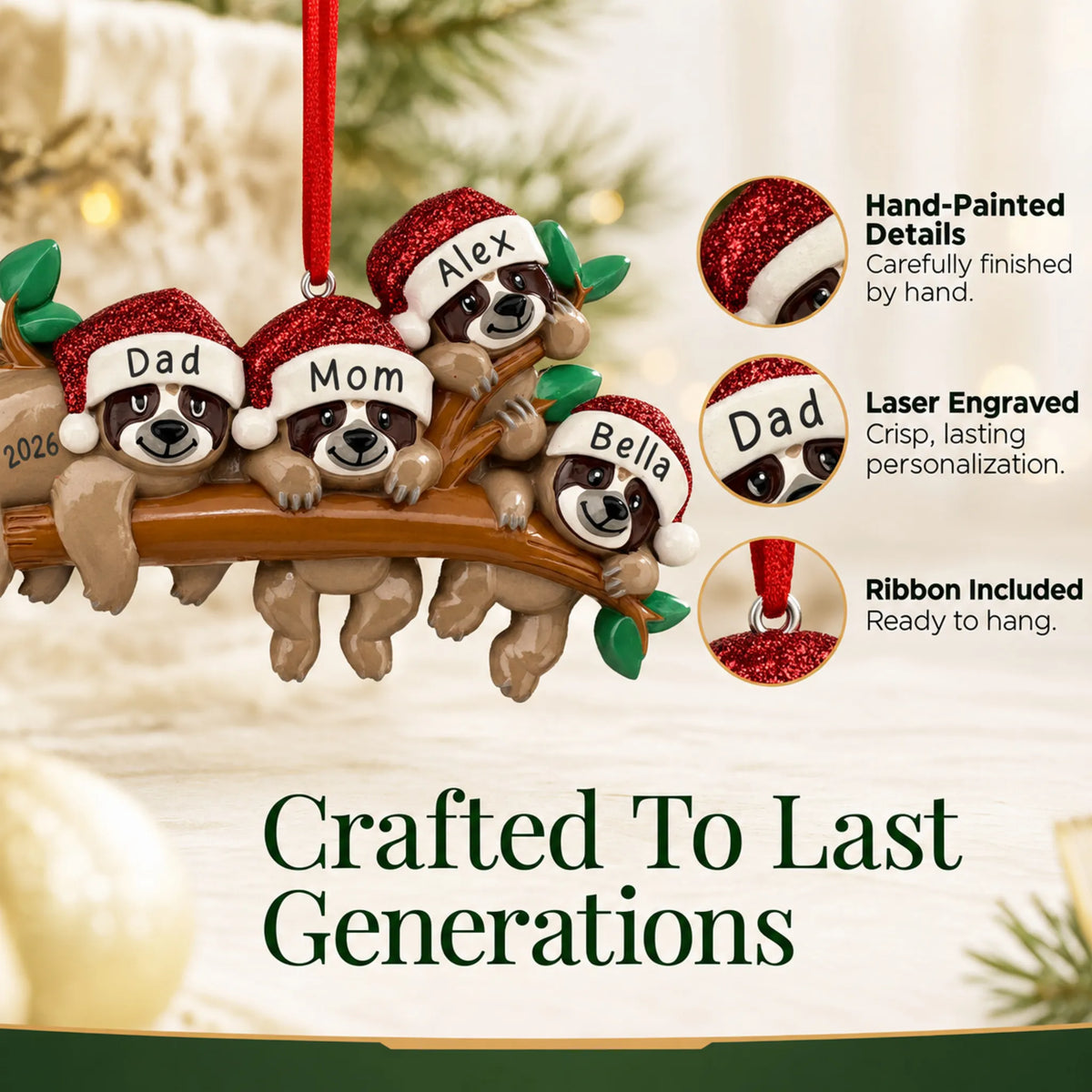 Hand-painted details and laser engraved personalization on the sloth family of 4 christmas ornament, ribbon included