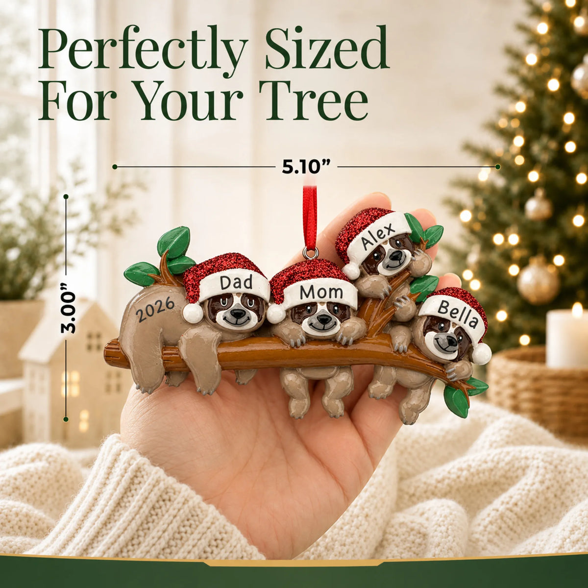 Size guide: the personalized sloth family of 4 christmas ornament is 5.10 in wide by 3.00 in tall, shown in hand