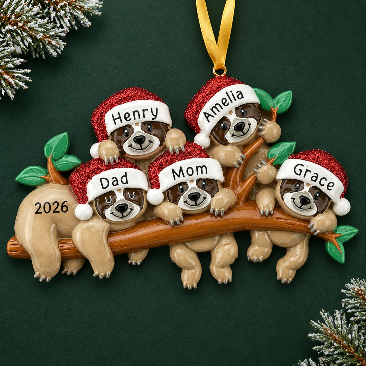 Personalized sloth family of 5 christmas ornament on a dark green pine background