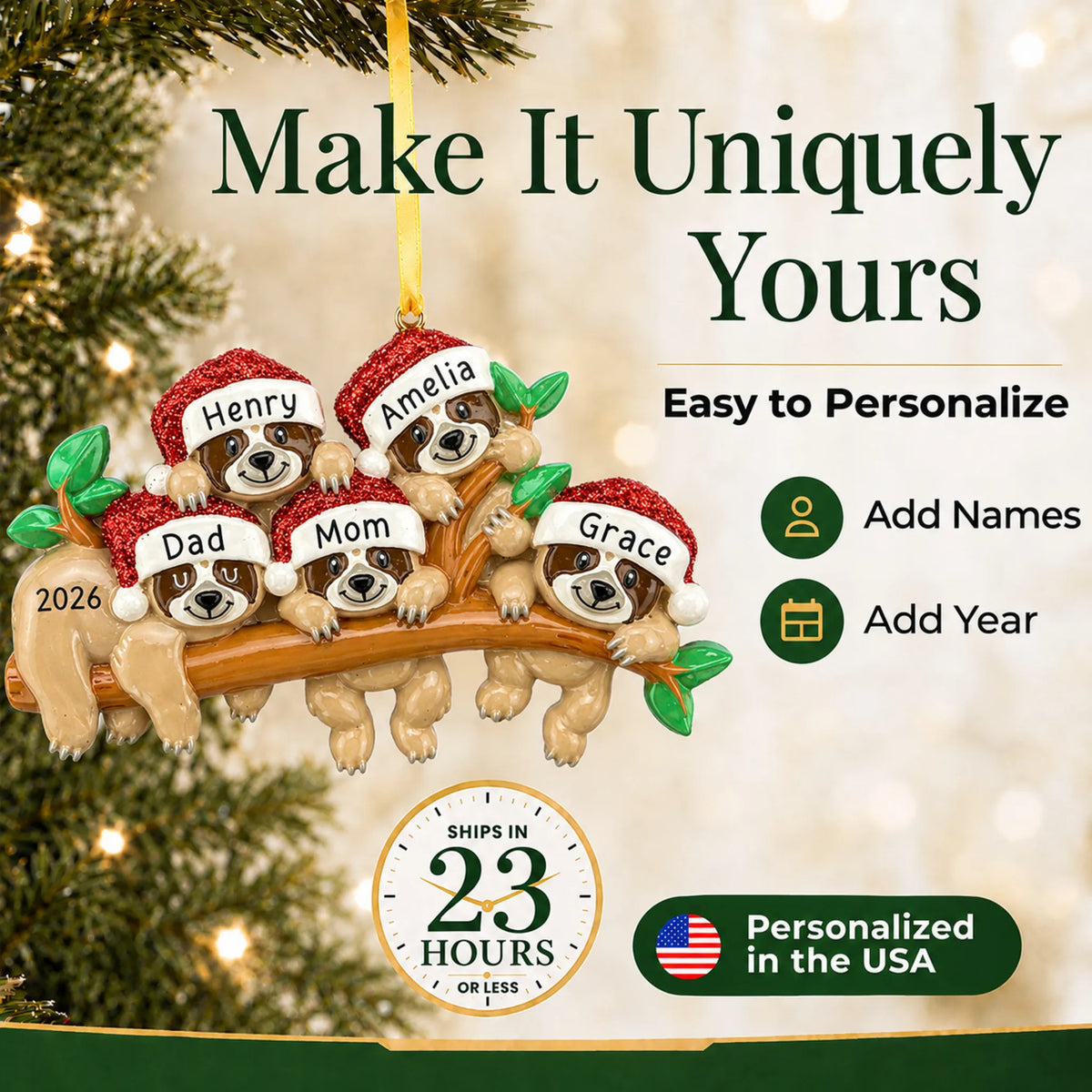 Make it yours: add names and year to the personalized sloth family of 5 christmas ornament