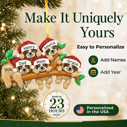 Make it yours: add names and year to the personalized sloth family of 5 christmas ornament