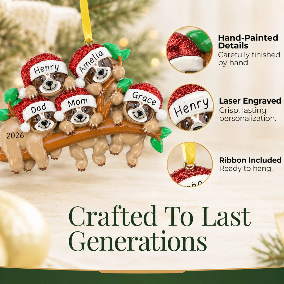 Hand-painted details and laser engraved personalization on the sloth family of 5 christmas ornament, ribbon included
