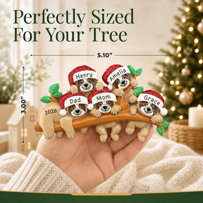 Size guide: the personalized sloth family of 5 christmas ornament is 5.10 in wide by 3.00 in tall, shown in hand